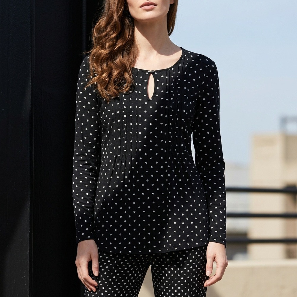 J. Jill S Wearever Black Floral Keyhole Pleated Long Sleeve Tunic Top Small